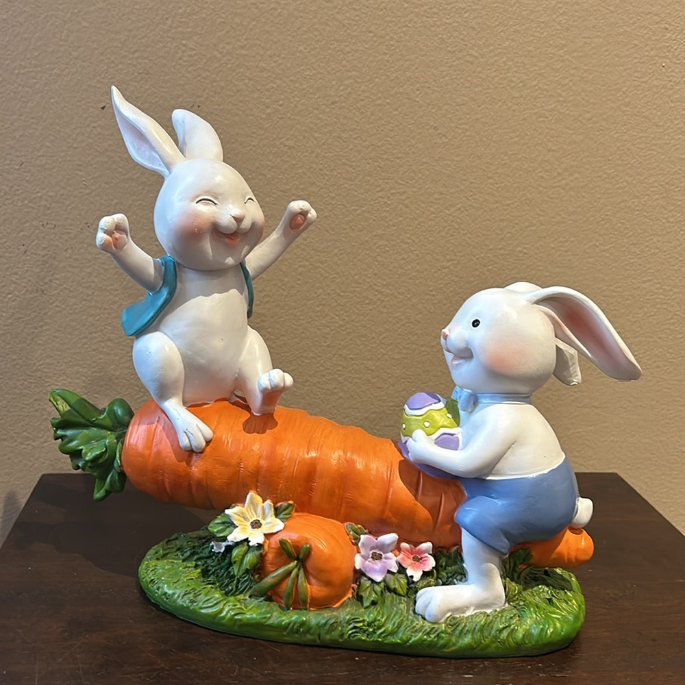 Cute Easter Baby Bunny Playing On A Carrot New 10.5” Tall - Picture 2 of 6